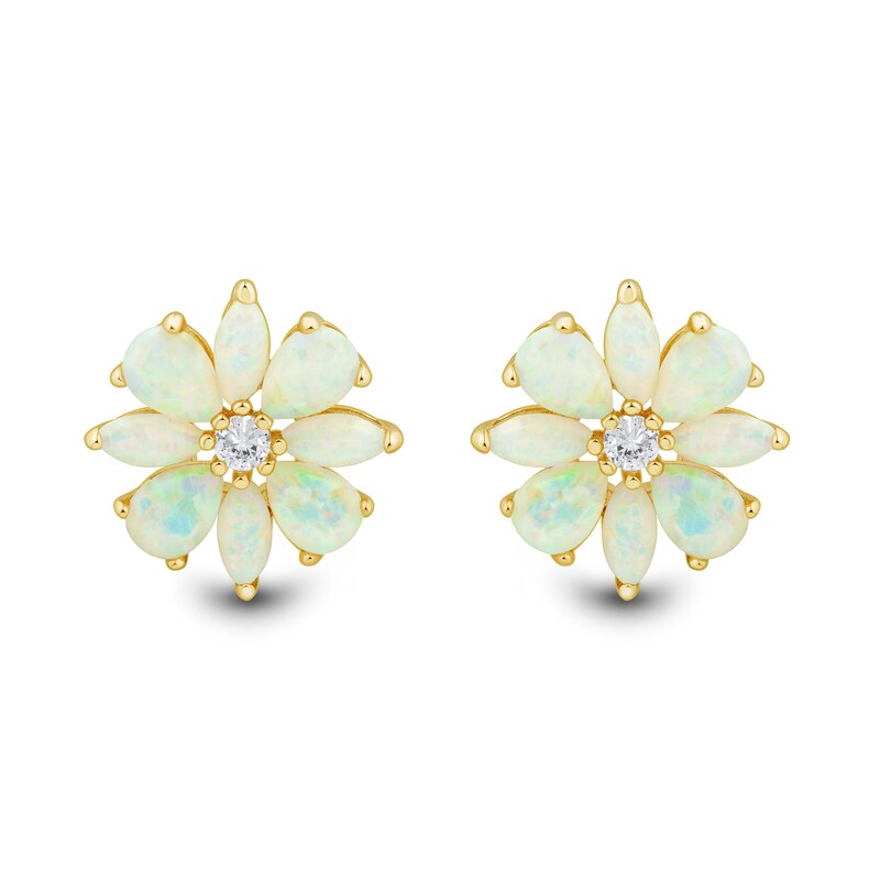 Main Image 1 of Lab-Created Opal and White Lab-Created Sapphire Flower Stud Earrings in Sterling Silver with 14K Gold Plate