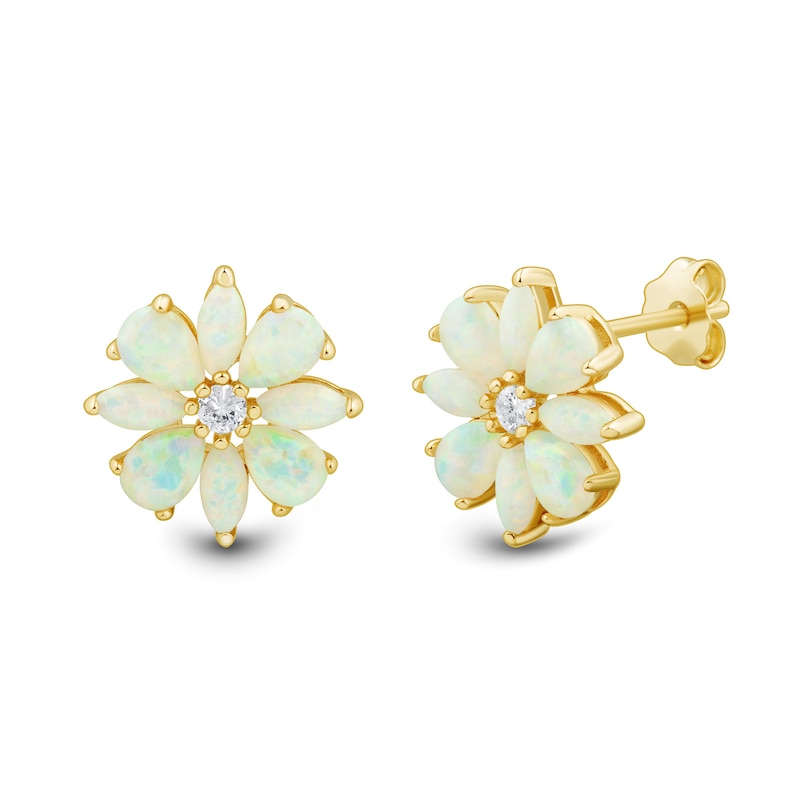 Main Image 2 of Lab-Created Opal and White Lab-Created Sapphire Flower Stud Earrings in Sterling Silver with 14K Gold Plate