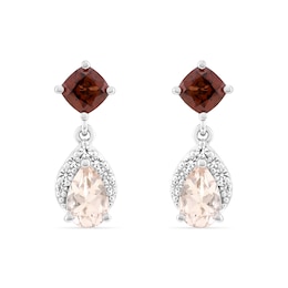 Pear-Shaped Morganite, Cushion-Cut Garnet and White Lab-Created Sapphire Drop Earrings in Sterling Silver