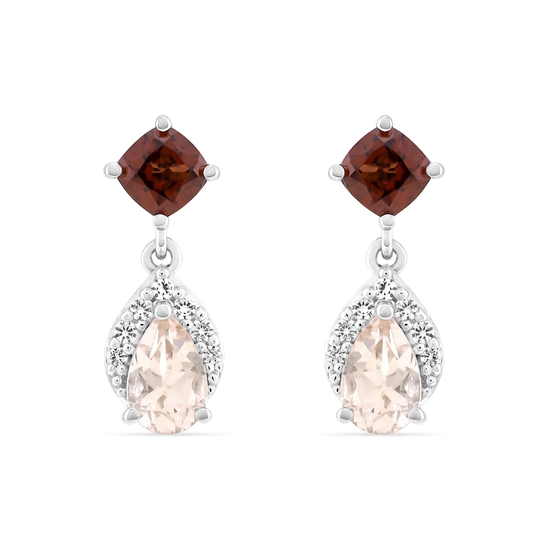 Main Image 1 of Pear-Shaped Morganite, Cushion-Cut Garnet and White Lab-Created Sapphire Drop Earrings in Sterling Silver