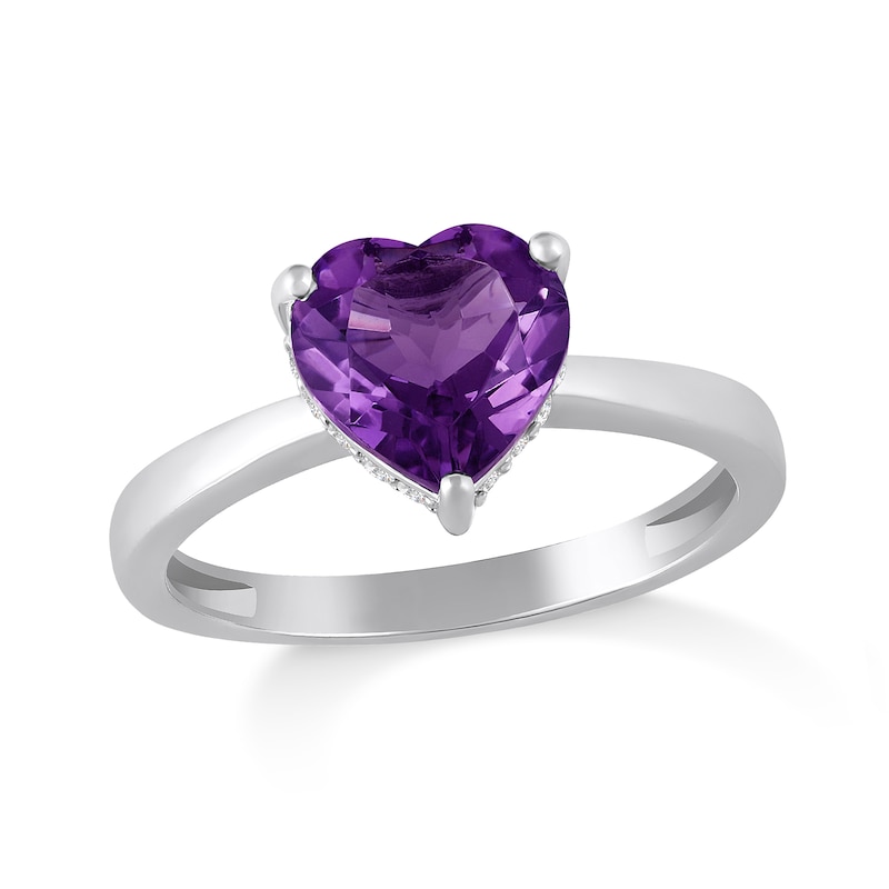 Main Image 1 of 8.0mm Heart-Shaped Amethyst and White Lab-Created Sapphire Solitaire Ring in Sterling Silver