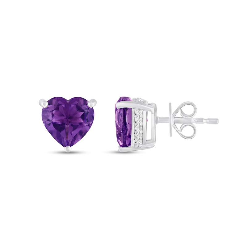 Main Image 2 of 7.0mm Heart-Shaped Amethyst and White Lab-Created Sapphire Solitaire Stud Earrings in Sterling Silver