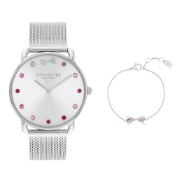 Ladies’ Coach Elliot Pink Crystal Accent Bow Detail Watch with Silver-Tone Dial and Bracelet Box Set (Model: 14000123)