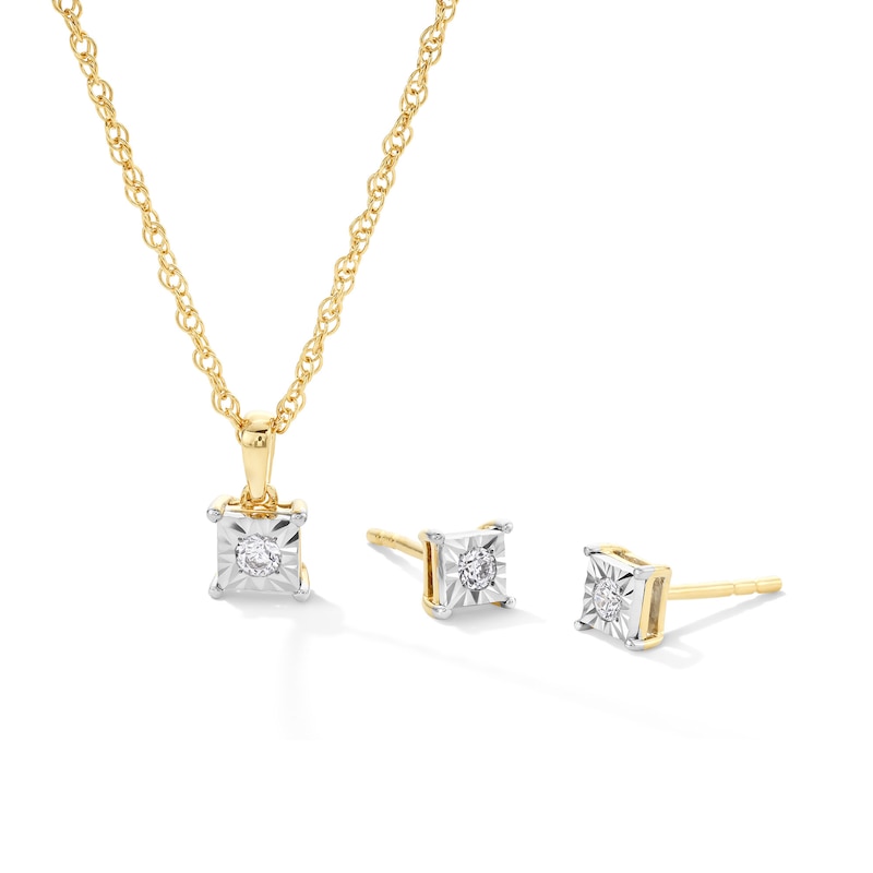 Main Image 1 of 1/10 CT. T.W. Diamond Square Frame Solitaire Pendant and Stud Earrings Set in Sterling Silver with Gold Plate (J/I3)