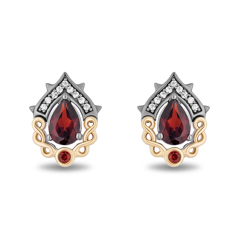 Main Image 1 of Enchanted Disney Villains Evil Queen Pear-Shaped Garnet and Diamond Crown Stud Earrings in Sterling Silver and 10K Gold