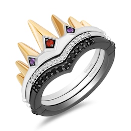 Enchanted Disney Villains Garnet and Amethyst with Diamond Crown Three Piece Ring Set in Sterling Silver and 10K Gold