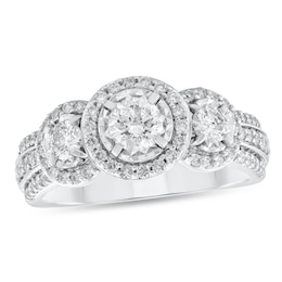 7/8 CT. T.W. Diamond Three Stone Frame Triple Row Shank Engagement Ring in 14K White Gold