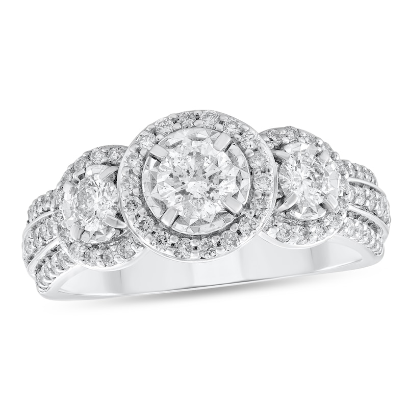 Main Image 1 of 7/8 CT. T.W. Diamond Three Stone Frame Triple Row Shank Engagement Ring in 14K White Gold