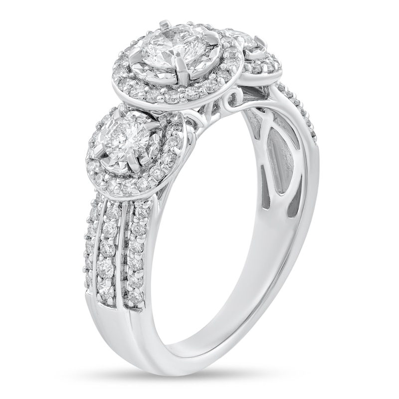 Main Image 2 of 7/8 CT. T.W. Diamond Three Stone Frame Triple Row Shank Engagement Ring in 14K White Gold