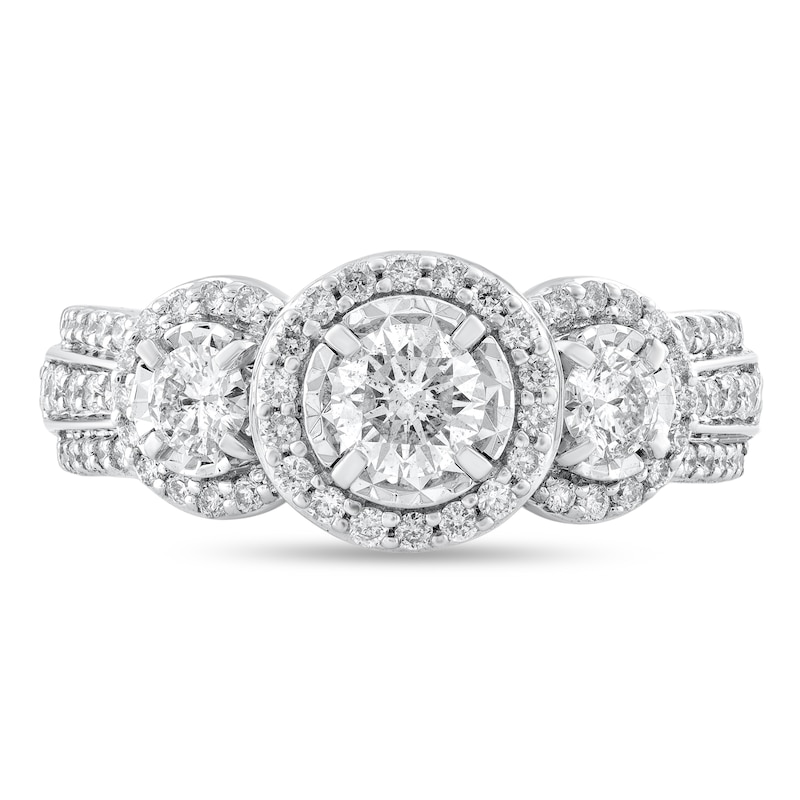 Main Image 3 of 7/8 CT. T.W. Diamond Three Stone Frame Triple Row Shank Engagement Ring in 14K White Gold