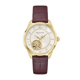 Ladies' Bulova Sutton Gold-Tone IP Brown Leather Strap Automatic Watch with Mother-of-Pearl Dial (Model: 97L179)