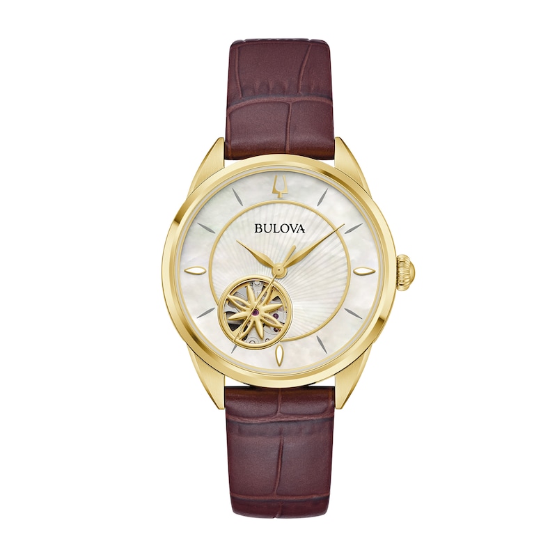 Main Image 1 of Ladies' Bulova Sutton Gold-Tone IP Brown Leather Strap Automatic Watch with Mother-of-Pearl Dial (Model: 97L179)