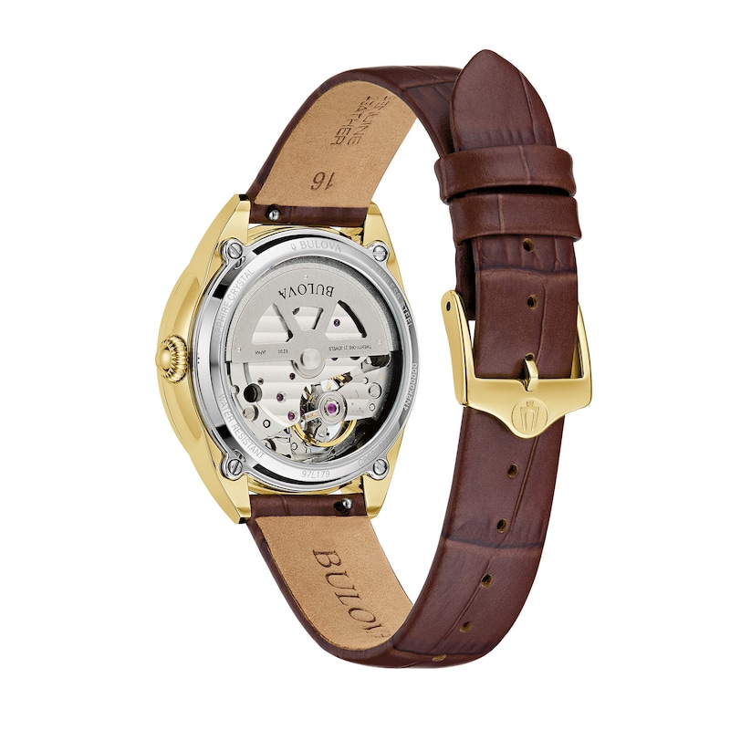 Main Image 3 of Ladies' Bulova Sutton Gold-Tone IP Brown Leather Strap Automatic Watch with Mother-of-Pearl Dial (Model: 97L179)