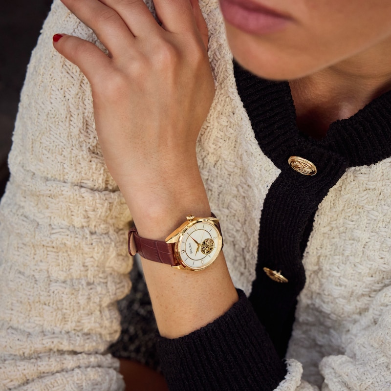 Main Image 4 of Ladies' Bulova Sutton Gold-Tone IP Brown Leather Strap Automatic Watch with Mother-of-Pearl Dial (Model: 97L179)