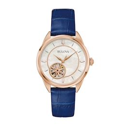 Ladies' Bulova Sutton Rose-Tone IP Blue Leather Strap Automatic Watch with Mother-of-Pearl Dial (Model: 97L180)