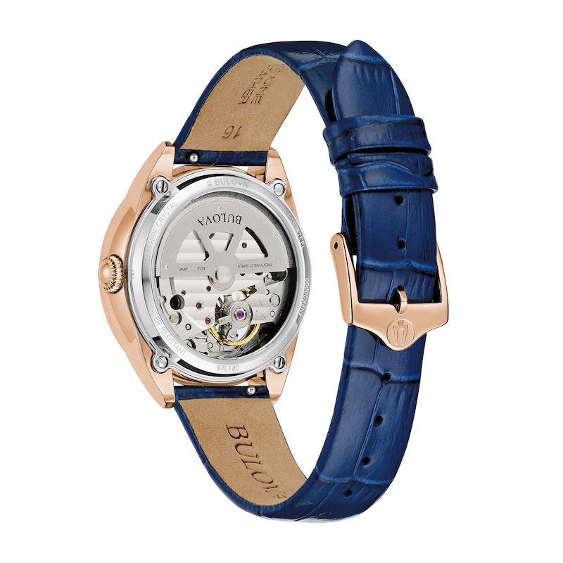 Main Image 3 of Ladies' Bulova Sutton Rose-Tone IP Blue Leather Strap Automatic Watch with Mother-of-Pearl Dial (Model: 97L180)