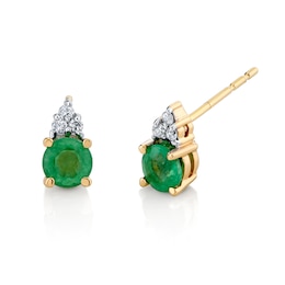 4.0mm Emerald and 1/2 CT. T.W. Diamond Tri-Top Stud Earrings in 14K Gold