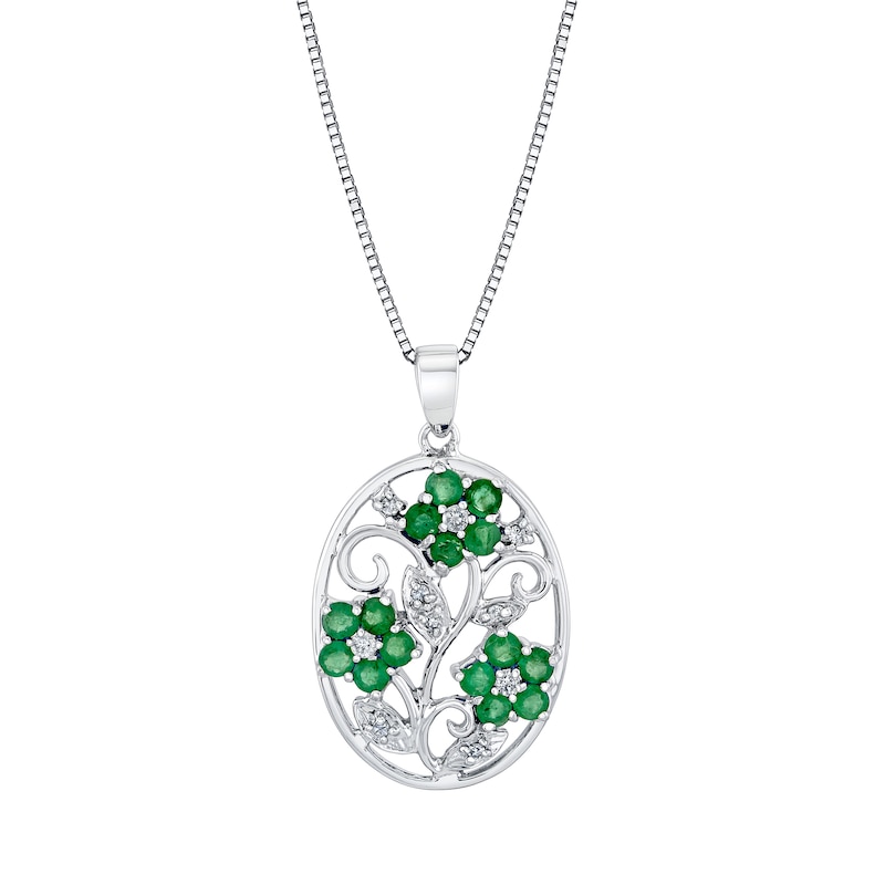 Main Image 1 of Emerald and 1/10 CT. T.W. Diamond Flower Vine Oval Pendant in Sterling Silver