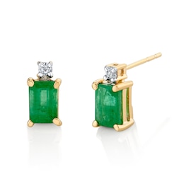 Emerald-Cut Emerald and 1/20 CT. T.W. Diamond Stacked Stud Earrings in 14K Gold