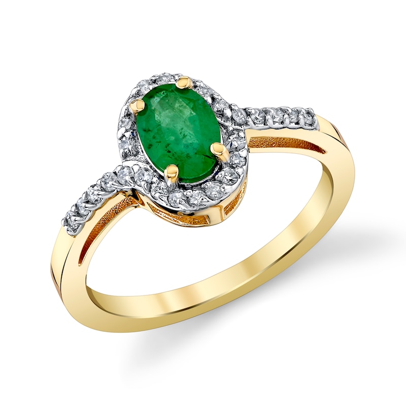 Main Image 1 of Oval Emerald and 1/5 CT. T.W. Diamond Bypass Ribbon Frame Ring in 10K Gold