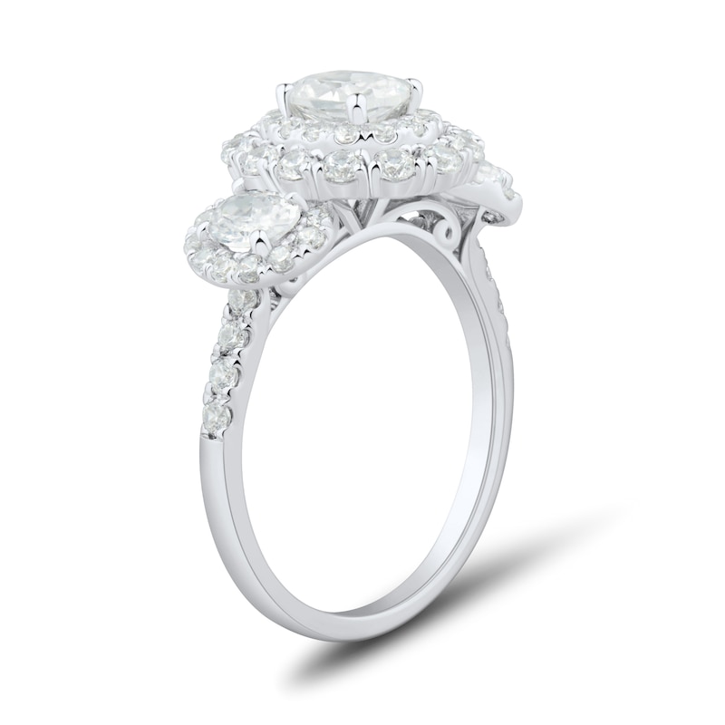 Main Image 3 of 2 CT. T.W. Oval Diamond Double Frame Three Stone Engagement Ring in 14K White Gold