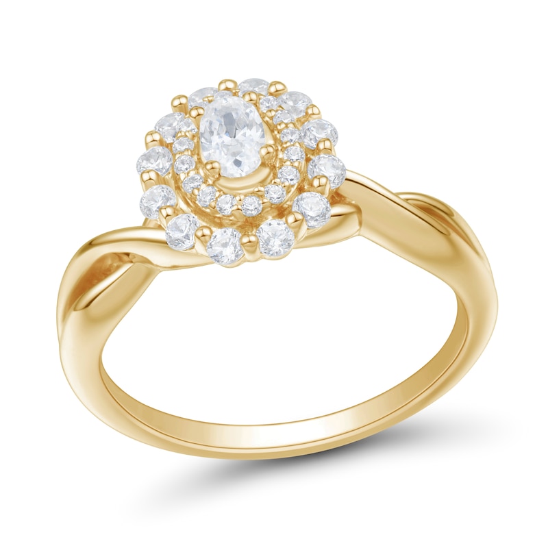 Main Image 1 of 1/2 CT. T.W. Oval Diamond Double Frame Twist Shank Engagement Ring in 14K Gold