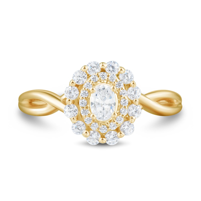 Main Image 2 of 1/2 CT. T.W. Oval Diamond Double Frame Twist Shank Engagement Ring in 14K Gold