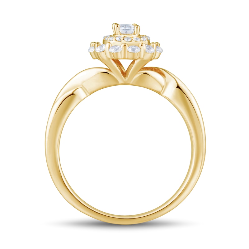 Main Image 3 of 1/2 CT. T.W. Oval Diamond Double Frame Twist Shank Engagement Ring in 14K Gold