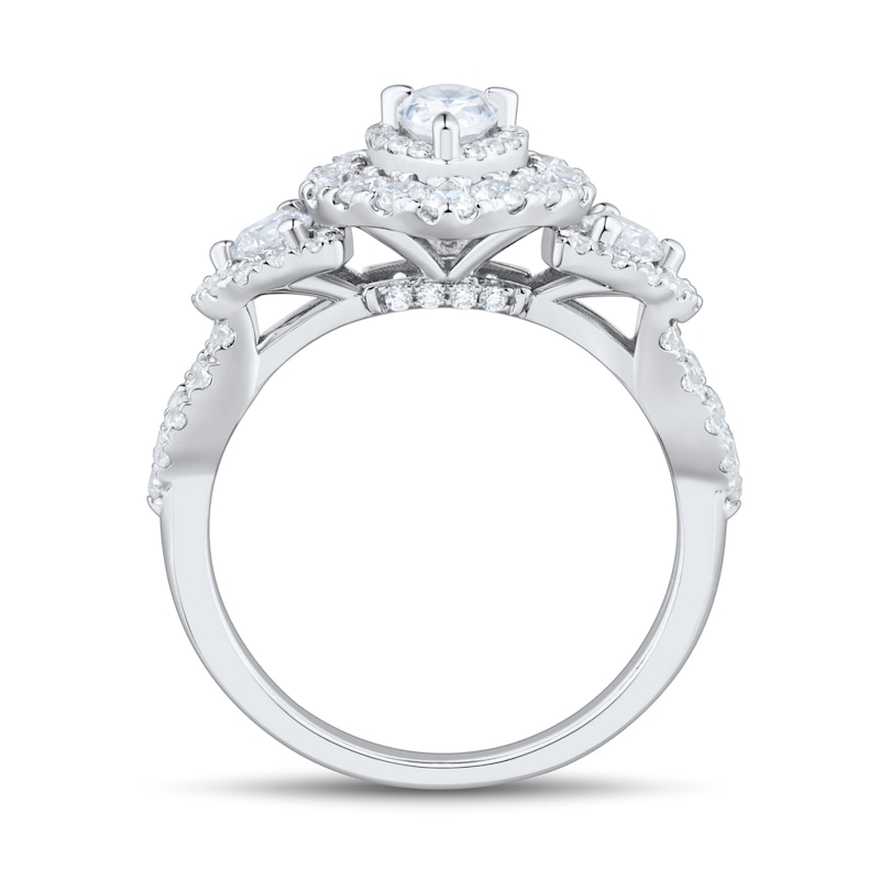 Main Image 3 of 1-1/2 CT. T.W. Pear-Shaped and Round Diamond Three Stone Double Frame Split Shank Engagement Ring in 14K White Gold