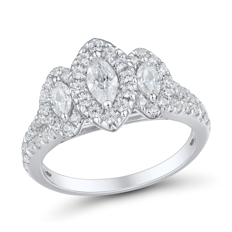 Main Image 1 of 1 CT. T.W. Marquise-Cut Diamond Frame Three Stone Engagement Ring in 14K White Gold