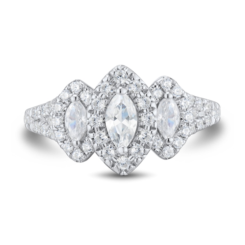 Main Image 2 of 1 CT. T.W. Marquise-Cut Diamond Frame Three Stone Engagement Ring in 14K White Gold