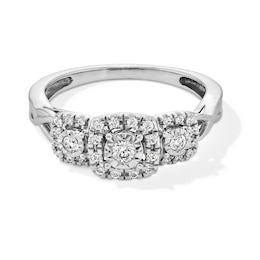 1/4 CT. T.W. Diamond Cushion Frame Three Stone Crossover Shank Engagement Ring in 10K White Gold