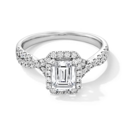 1-3/8 CT. T.W. Emerald-Cut Certified Lab-Created Diamond Frame Crossover Shank Engagement Ring in 14K White Gold (F/VS2)