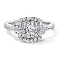 7/8 CT. T.W. Princess-Cut Diamond Double Cushion Frame Tri-Sides Engagement Ring in 14K White Gold