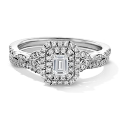 5/8 CT. T.W. Emerald-Cut Diamond Double Octagonal Frame Leaf-Sides Bridal Set in 14K White Gold