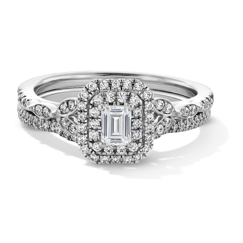 Main Image 1 of 5/8 CT. T.W. Emerald-Cut Diamond Double Octagonal Frame Leaf-Sides Bridal Set in 14K White Gold