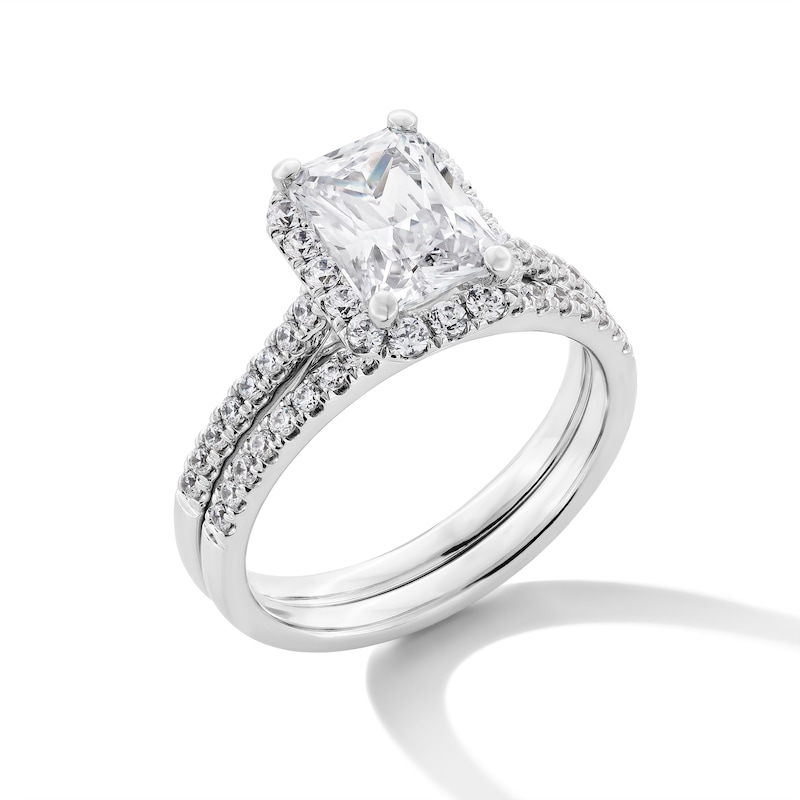 Main Image 3 of 2 CT. T.W. Radiant-Cut Certified Lab-Created Diamond Frame Bridal Set in 14K White Gold (F/VS2)