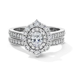 1-1/5 CT. T.W. Oval Diamond Double Quatrefoil Frame Vintage-Style Bridal Set in 14K White Gold