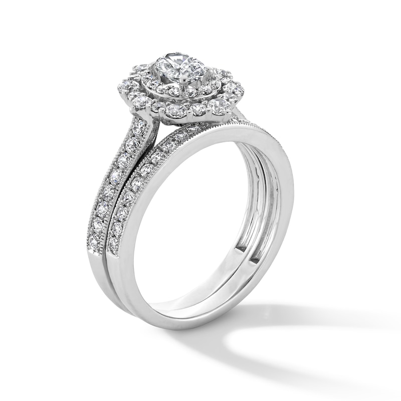 Main Image 2 of 1-1/5 CT. T.W. Oval Diamond Double Quatrefoil Frame Vintage-Style Bridal Set in 14K White Gold