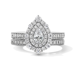 1-1/5 CT. T.W. Pear-Shaped Diamond Double Scallop Frame Vintage-Style Bridal Set in 14K White Gold