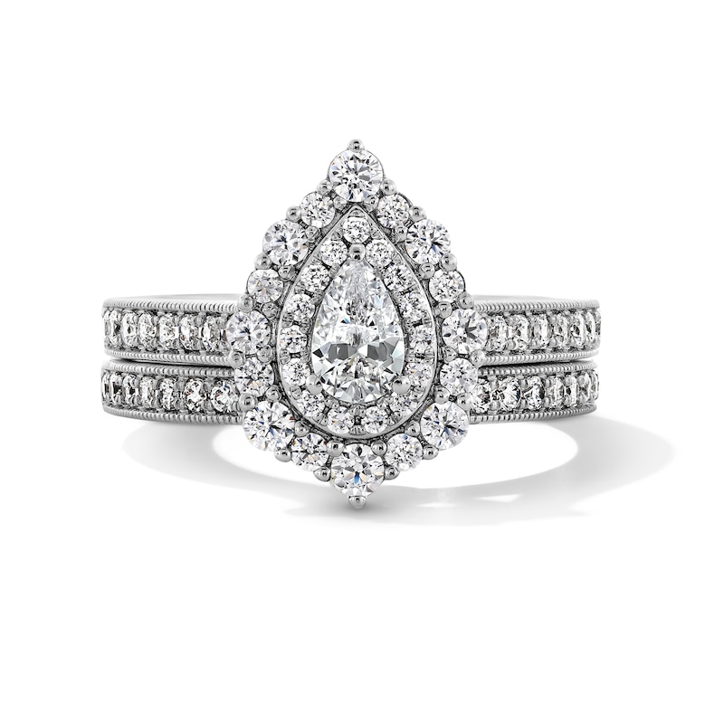 Main Image 1 of 1-1/5 CT. T.W. Pear-Shaped Diamond Double Scallop Frame Vintage-Style Bridal Set in 14K White Gold