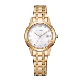 Ladies’ Citizen Eco-Drive® Dress Classic Crystal Accent Rose-Tone IP Watch with White Dial (Model: FE1243-59A)