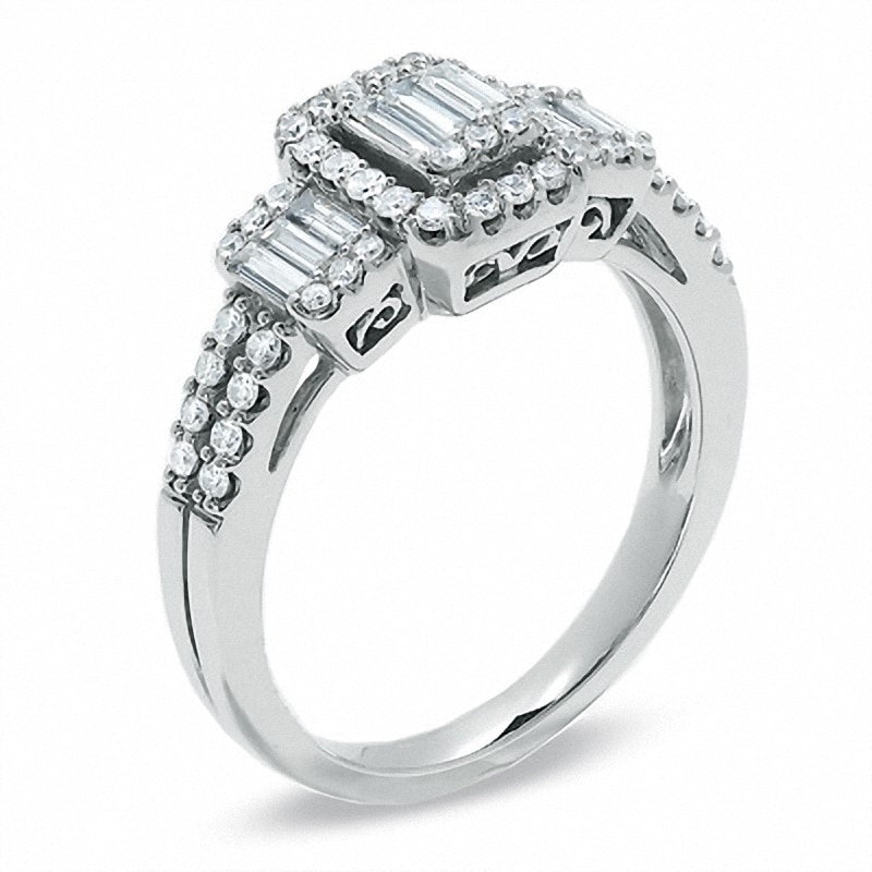 Previously Owned - 3/4 CT. T.W. Multi-Baguette Diamond Three Stone Ring in 14K White Gold