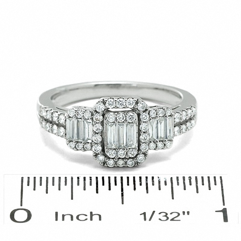 Previously Owned - 3/4 CT. T.W. Multi-Baguette Diamond Three Stone Ring in 14K White Gold