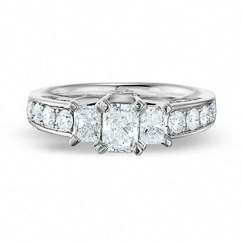 Main Image 1 of Previously Owned - 1-1/2 CT. T.W. Radiant Cut Diamond Three Stone Ring in 14K White Gold