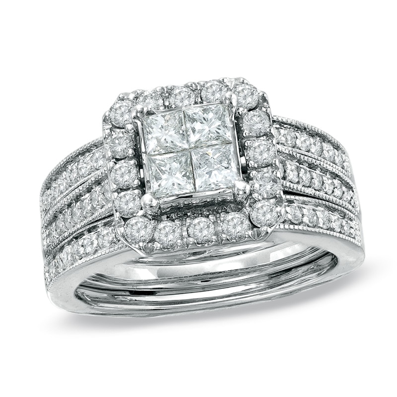 Main Image 1 of Previously Owned - 1-1/2 CT. T.W. Quad Princess-Cut Diamond Bridal Set in 14K White Gold - Size 7