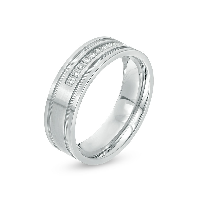 Previously Owned - Men's 1/8 CT. T.W. Diamond Comfort-Fit Wedding Band in Stainless Steel