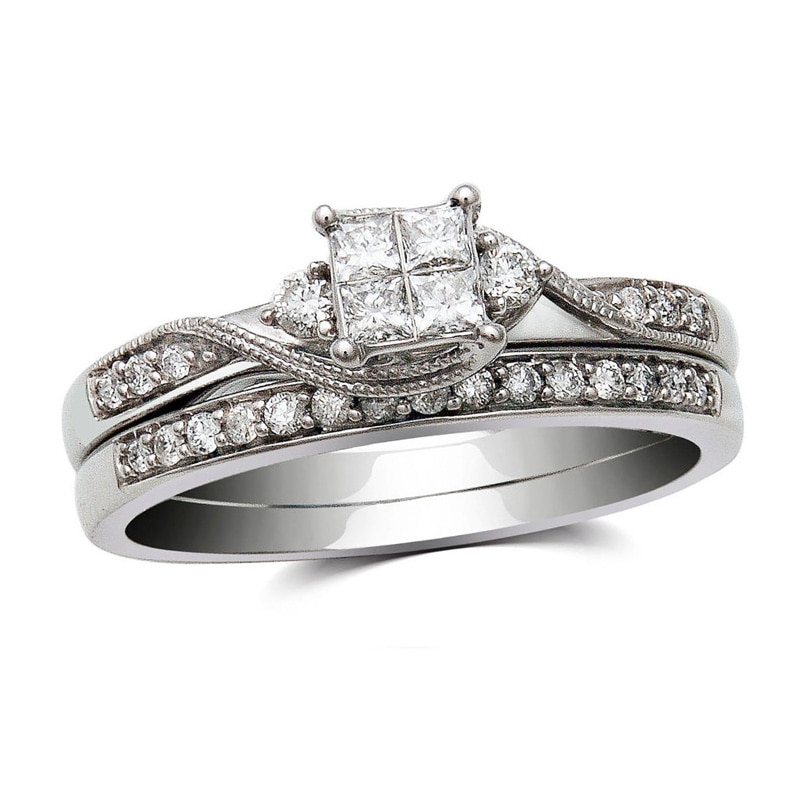 Main Image 1 of Previously Owned - 1/3 CT. T.W. Quad Princess-Cut Diamond Bridal Set in 10K White Gold