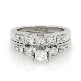 Previously Owned 1-1/2 CT. T.W. Princess-Cut Diamond Three Stone Soldered Bridal Set in 14K White Gold