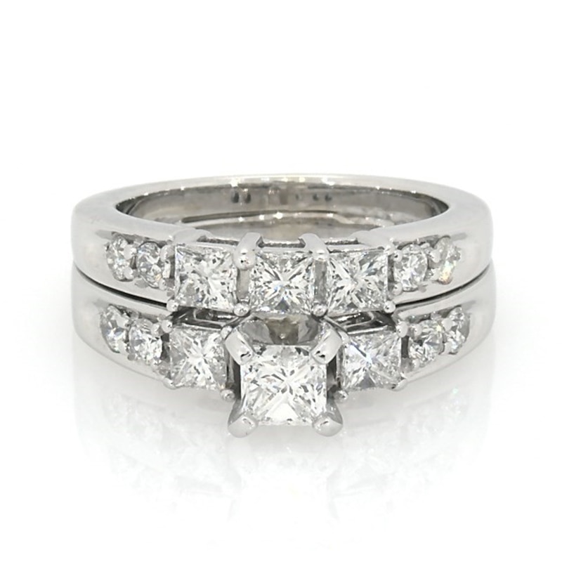 Main Image 1 of Previously Owned 1-1/2 CT. T.W. Princess-Cut Diamond Three Stone Soldered Bridal Set in 14K White Gold